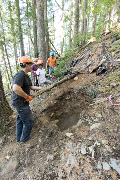 Beginning the process of refilling the soil pits after they have been analyzed