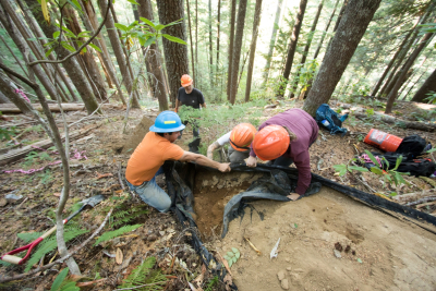 Karla Jarecke carefully filling voids of a soil pit and trying to mimic the previous bulk density of the soil prior to excavation