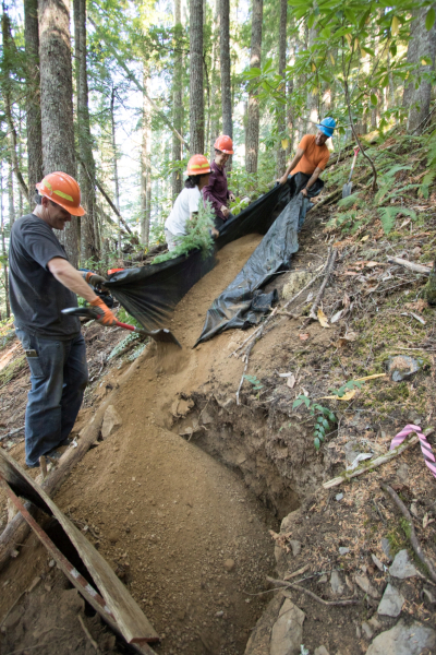 Carefully backfilling all the material that came out of the soil pit with a heavy canvas tarp