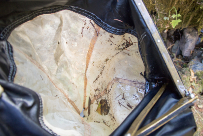 Close up of the netting of the Surber sampler, which collects insects from the stream water