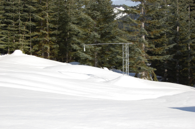 Upper Lookout Met snow depth sensor and small tower during snow event